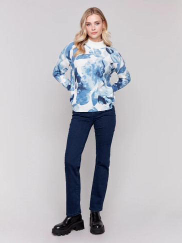 Printed Mock Neck Sweater-Navy Storm-charlie B