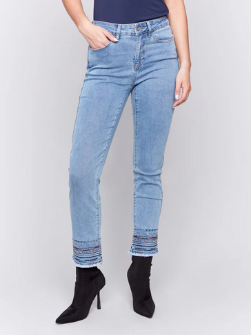 Embroidered Hem Jeans - Light Blue-Charlie B