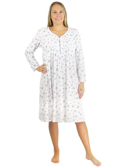 Lilac Floral Print Cotton Knit Gown-La Cera