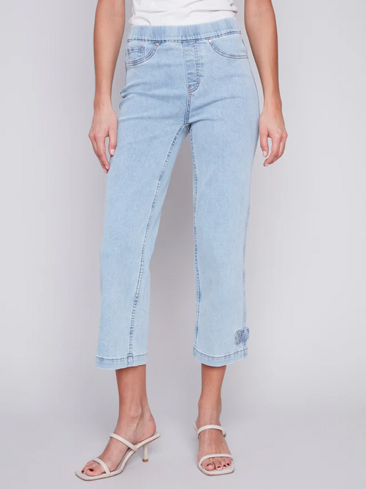 Cropped Pull-On Twill Pants with Hem Tab -Charlie B