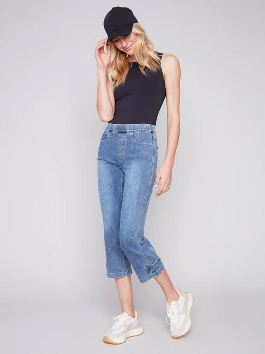 Cropped Pull-On Twill Pants with Hem Tab -Charlie B