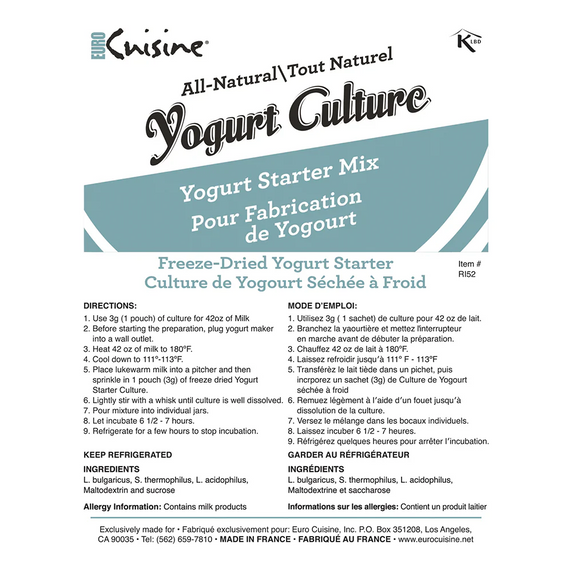 All Natural Yogurt Starter/ Culture - 10-3gr packets-Euro Cuisine