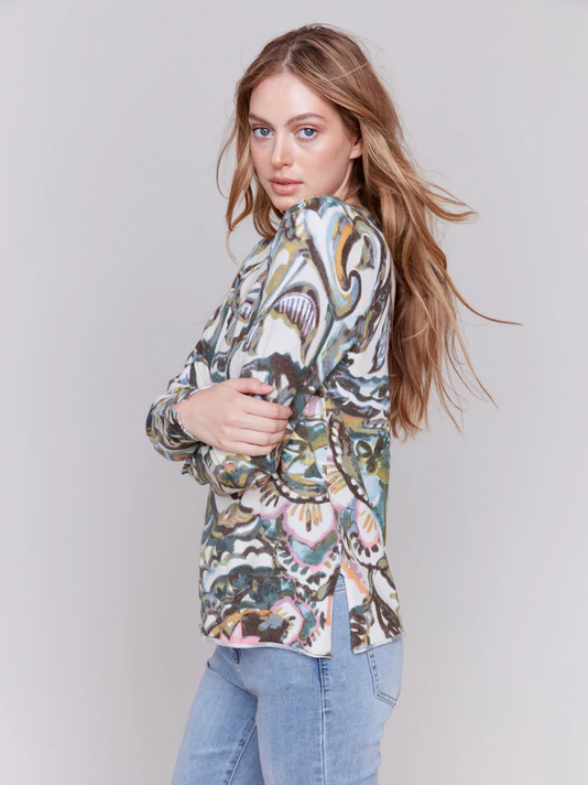 Printed V-Neck Sweater-Charlie B