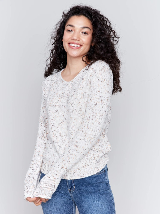 Knit V Neck Cream Multi Sweater-Charlie B 