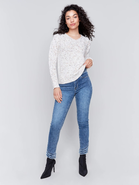 Knit V Neck Cream Multi Sweater-Charlie B 