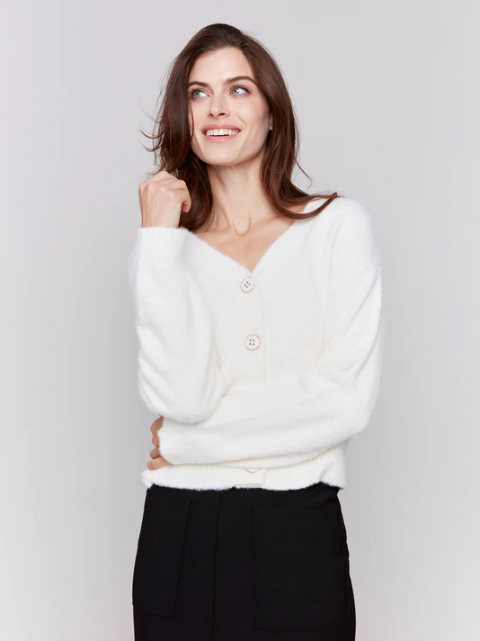 Hairy Knit Cardigan-Ecru-Charlie B