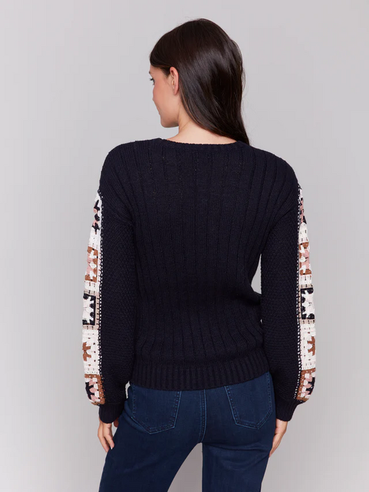 Sweater with Crochet Sleeves - Navy-Charlie B