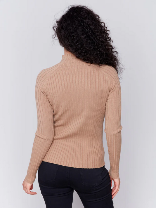 Ribbed Knit Mock Neck Sweater - Navy-Charlie B