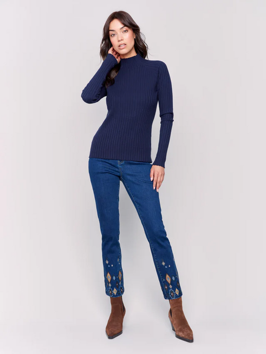 Ribbed Knit Mock Neck Sweater - Navy-Charlie B