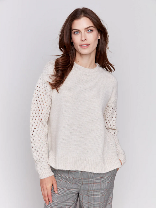 Fishnet Sleeve Crew Neck Sweater - Almond-Charlie B