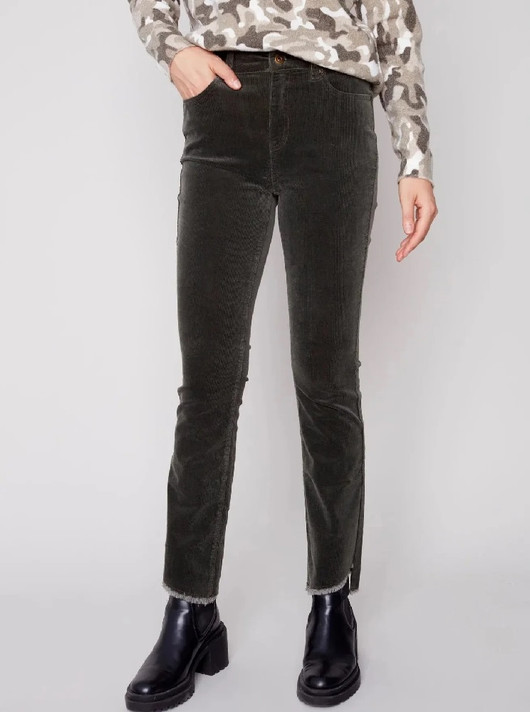Bootcut Corduroy Pants with Asymmetrical Hem-Charlie B
