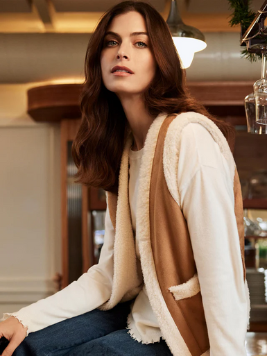 Reversible Faux Fur & Suede Vest - Ecru-Charlie B
