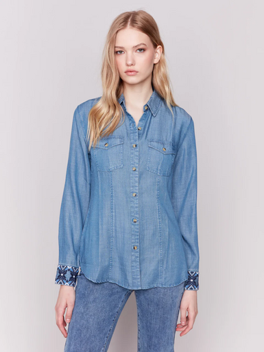 Tシャツ・カットソー Dunst JANE FRILL BLOUSE SOFT BLUE_UDBL5B222B1 Embroidered Cuff Tencel Shirt - Denim-Charlie B