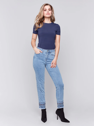 Embroidered Hem Jeans - Light Blue-Charlie B