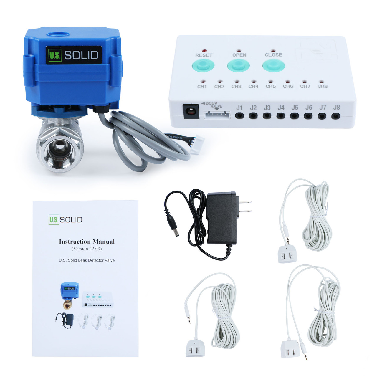 Wasserleck-Detektor - Wassermelder, Wasseralarm- und Schutzsystem mit motorisiertem 1/2-Zoll-Kugelhahn aus Edelstahl, Steuerung und 3 Sensoren