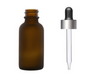 1 oz FROSTED AMBER Glass Bottle w/ Black-Matt Silver Regular Glass Dropper