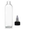 4 oz clear PET imperial round bottle with 20-410 neck finish - w/ Black HDPE and natural-colored LDPE 20-410 twist-open dispensing cap