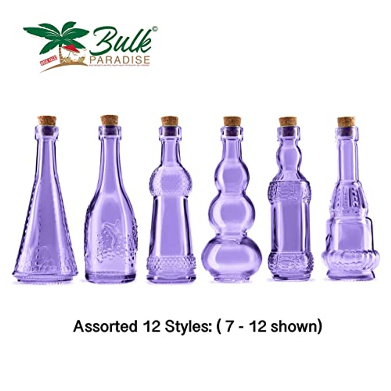 Bulk Paradise Small Green Vintage Glass Bottles with Corks, Bud Vases, Decorative, Potion, Assorted Design Set of 12 Pcs, 4.6 inch Tall (11.43cm), 1.4