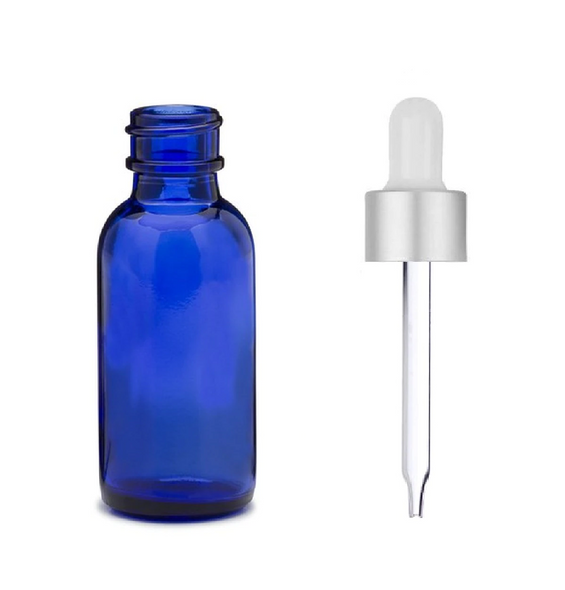 1 Oz Cobalt Blue Glass Bottle w/ Matte silver and White Dropper