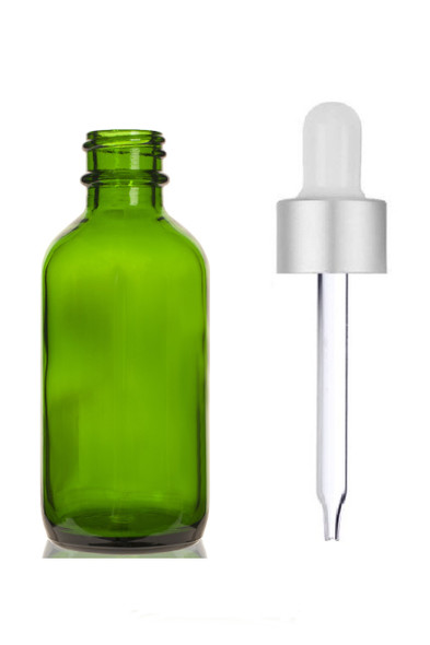 2 Oz Green Glass Bottle w/ Matte silver and White Regular Dropper