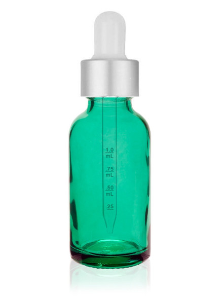 1 Oz Caribbean Green Glass Bottle w/ Matte silver and White Calibrated Glass Dropper