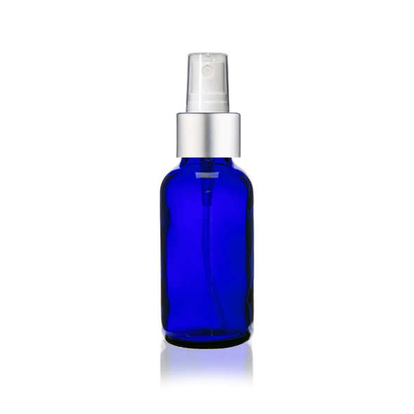 1 Oz Cobalt Blue Glass Bottle w/ Matte silver and White Fine Mist Sprayer