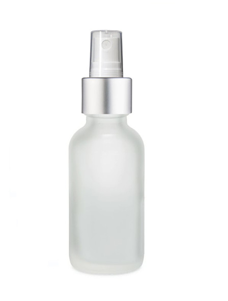 1 Oz Frosted Glass Bottle w/ Matte silver and White Fine Mist Sprayer