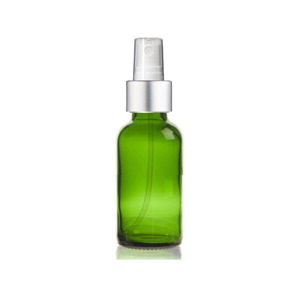 2 Oz Green Glass Bottle w/ Matte silver and White Fine Mist Sprayer