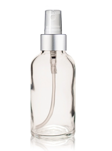 2 Oz Clear Glass Bottle w/ Matte silver and White Fine Mist Sprayer