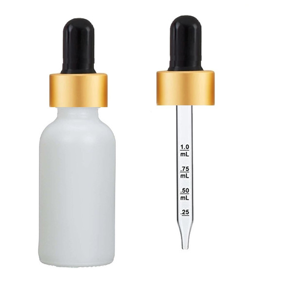 1 oz Matte White Glass Bottle w/ Black - Gold Calibrated Glass Dropper