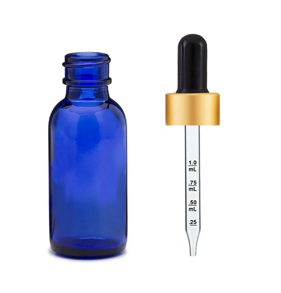 1 oz Cobalt Blue Glass Bottle w/ Black-Gold Calibrated Glass Dropper