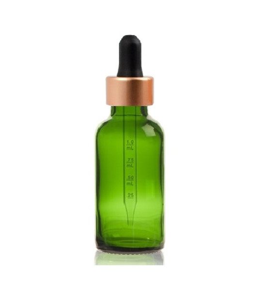 1 Oz Green Glass Bottle w/ Black-Rose Gold Calibrated Glass Dropper