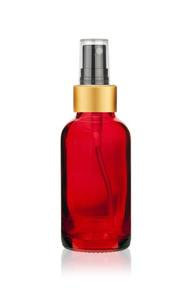 1 oz Red Glass Bottle w/ Black - Gold Fine Mist Sprayer