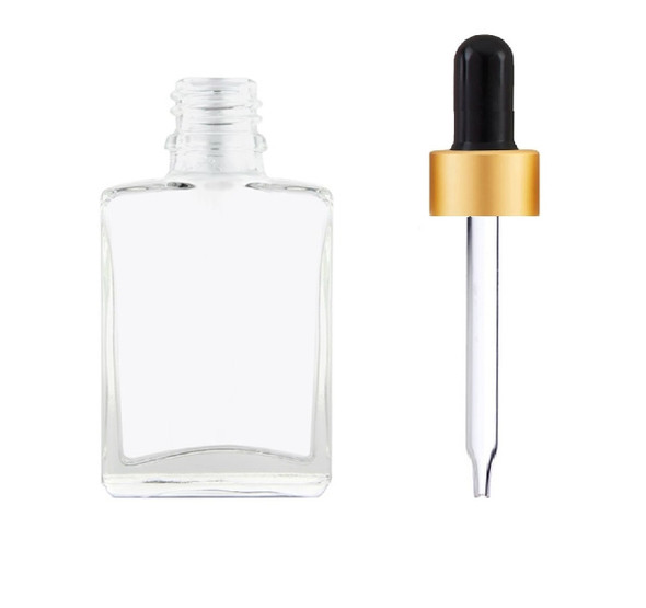 1 oz Clear SQUARE Glass Bottle w/ 18-415 Black Matt Gold Regular Glass Dropper