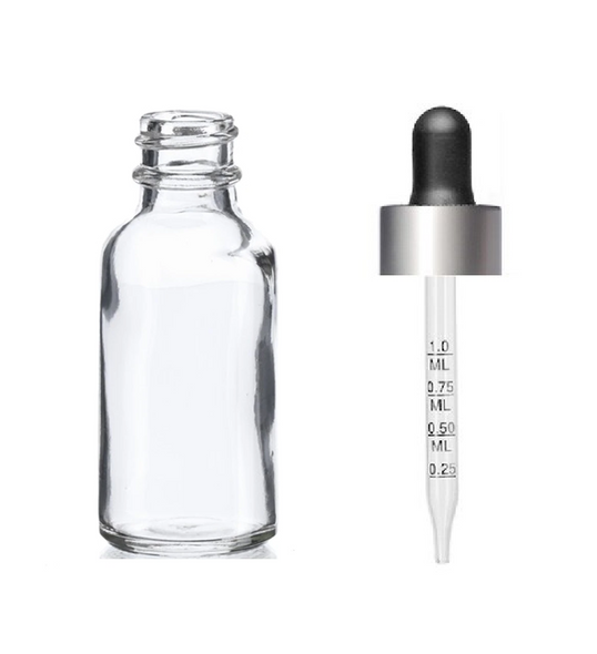 2 Oz Clear Glass Bottle w/ Black Matte Silver Calibrated Glass Dropper