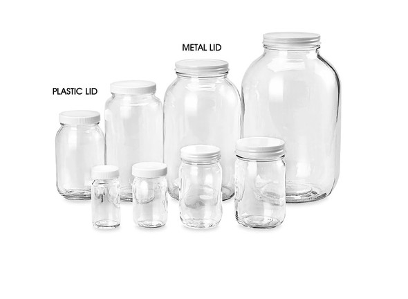 WIDE-MOUTH GLASS JARS with Plastic White Lids - Crystal-clear storage for dry or liquid food products.