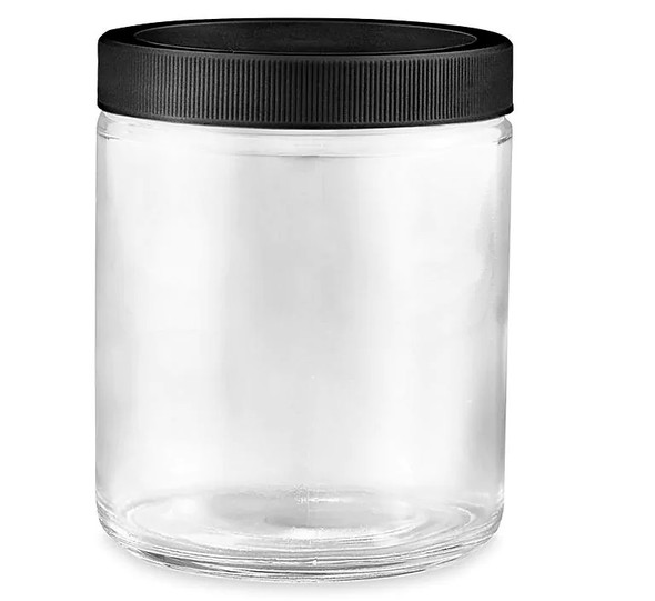 Straight-Sided Glass Jars - 8 oz, Black Plastic Ribbed Lid - 24/case