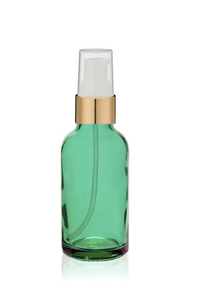 2 Oz Caribbean Green Glass Bottle w/ White-Matte Gold Treatment Pump