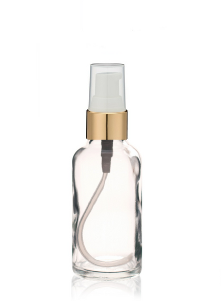 1 Oz Clear Glass Bottle w/ White-Matte Gold Treatment Pump