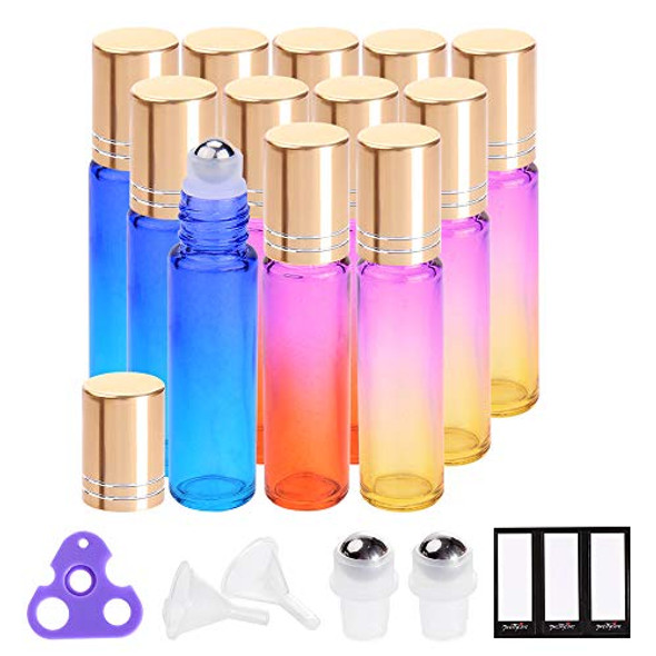 Essential Oil Roller Bottles 10ml by (12 Pack Rainbow Glass, Golden Cap, 24 Labels, 2 Extra Roller Balls, Opener, 2 Funnels) Roller Balls for Essential Oils, Roll on Bottles-1611550107