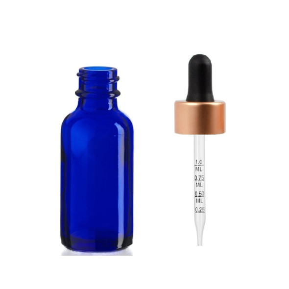 2 Oz Cobalt Blue Bottle w/ Black Rose Gold Calibrated Glass Dropper