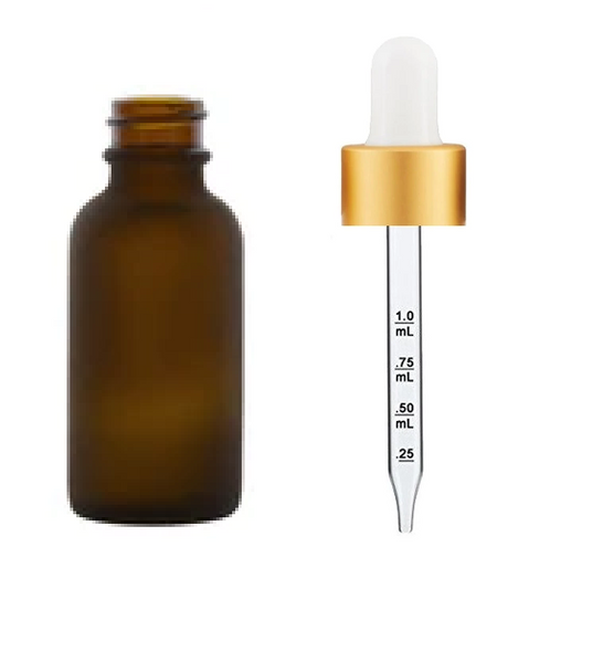 1 oz FROSTED AMBER Glass Bottle w/ White Matt Gold  Calibrated Glass Dropper