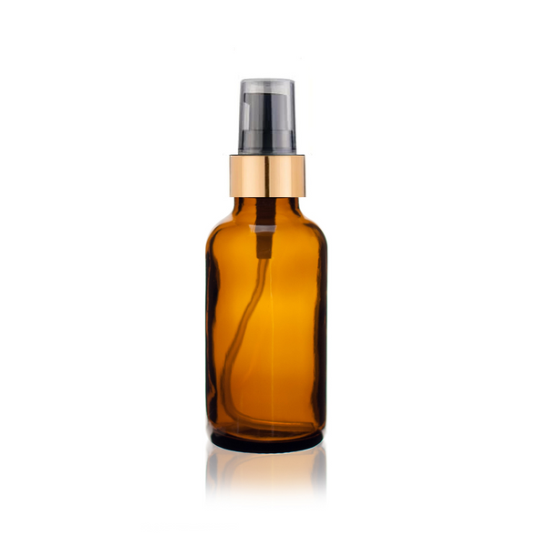 1 oz Amber Glass Bottle w/ Black-Matte Gold Treatment Pump