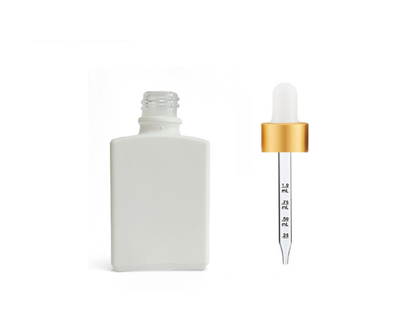 1 oz White SQUARE Glass Bottle w/ 18-415 White-Gold Calibrated Dropper
