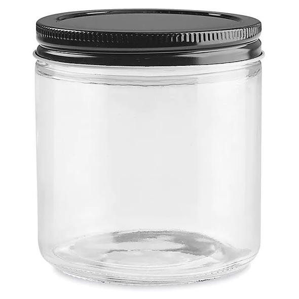 16 oz Straight-Sided Glass Jars -Black metal Lid - 12/case