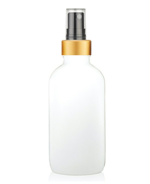 4 Oz White  Glass Bottle with Black Gold Fine Mist Sprayers