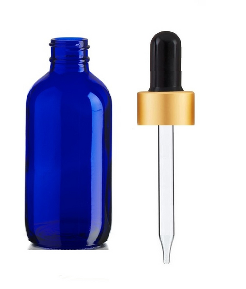 4 oz Cobalt Blue Glass Bottle w/ Black Gold Regular Dropper