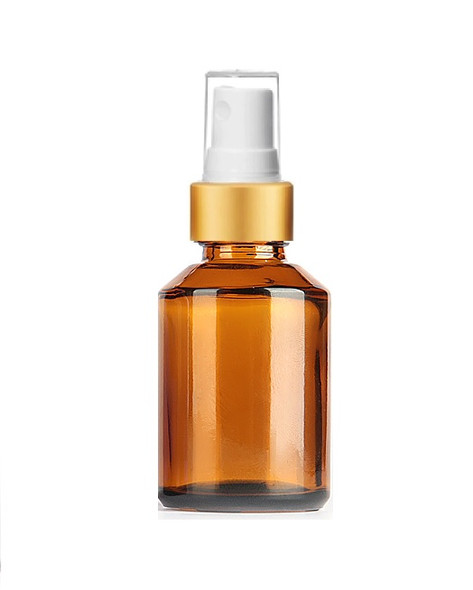 1 Oz Amber Cylinder Slope Glass Bottle w/ White Matt Gold Fine Mist Sprayer