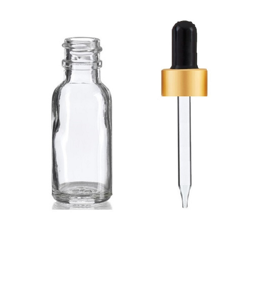 1/2 oz Clear Glass Bottle w/ Black- Matt Gold Glass Dropper