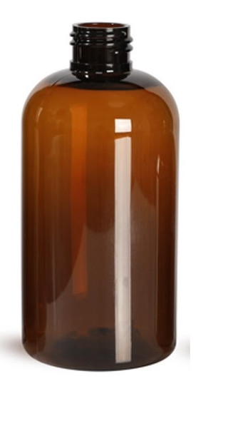 12 oz amber PET plastic boston round bottle with 24-410 neck finish